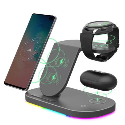 China 3 in 1 Wireless Charger for Samsung Galaxy Watch Wireless QI Charger Phone Holder for Samsung Desktop Fast 3 in 1 LED Light Radio Charger Station for sale