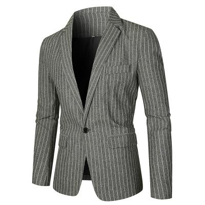 China Anti-Wrinkle Plus Size Gray Vertical Stripe Slim Fit Mens Suit One Button Lapel Dark Mens Casual Suit for sale