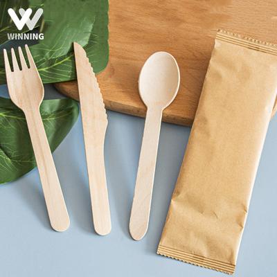 China 160Mm Disposable Wooden Knife Fork Spoon Set Gain Item Include Napkin Wooden Disposable Cutlery Individual Packing for sale