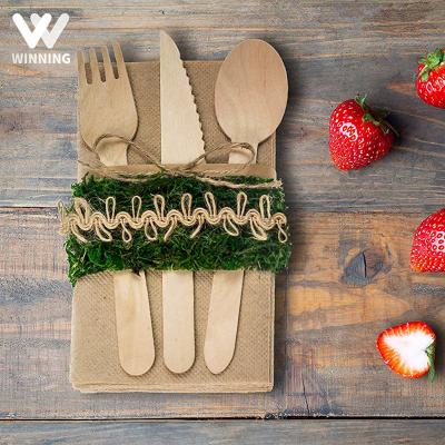 China Free Sample Bulk Natural Biodegradable Wood Compostable Wholesale Disposable Cutlery Biodegradable Disposable Wooden Cutlery Set With Napkin for sale