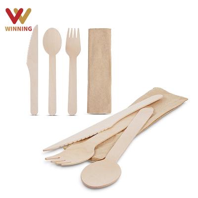 China Hot Sale Disposable Travel Disposable Earning Biodegradable Reused Portable Wooden Cutlery Set With Knife Forks Spoons for sale