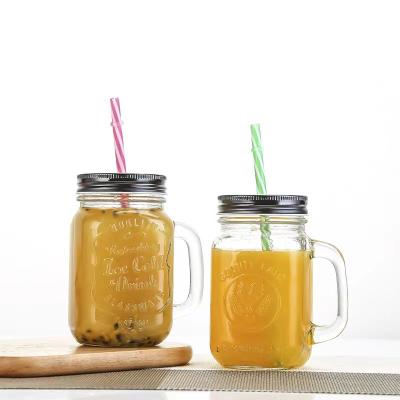 China Sustainable Hot Sale Customized Drinking Glass Tumbler Wide Mouth Round Glass Mason Jars With Lids And Straws Handle for sale