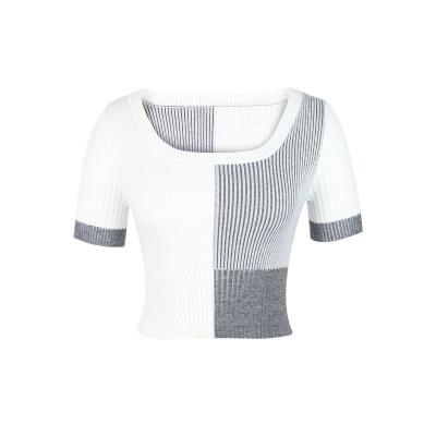 China Anti-Wrinkle Customized OEM&ODM Summer Fashion Ladies Elegant Casual Sexy Short Sleeve Color Block Women Knit Top for sale