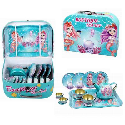 China Factory Price New Product Afternoon Tea Toys Kitchen Set Toy Preschool Toy Bedroom Metal Kitchen in Suitcase Mermaid Tin Tea Set Party Gift for Kids Girls for sale