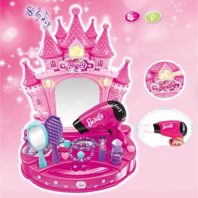 China New Factory Style Girls Makeup Accessories Toy Fantasy Castle Vanity Beauty FLASHING Dressing Table with Mirror Light and Music for Kids for sale