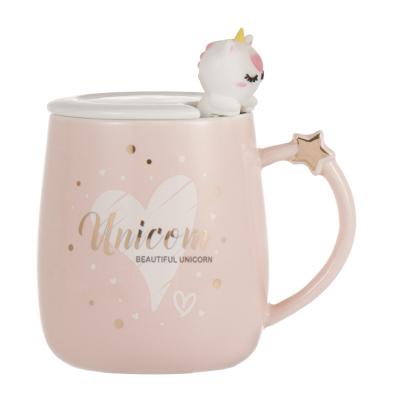 China Viable Cartoon Pink Unicorn Mug Cute Girl Water Cup Large Capacity With Lid And Spoon Simple Household Mug Ceramic Coffee Cup for sale