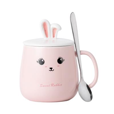 China Viable Cute Rabbit Ear Mug Net Red Coffee Mug Couples Water Mug With Lid And Spoon Girl Heart Mug Gift Porcelain Mugs With Logo for sale