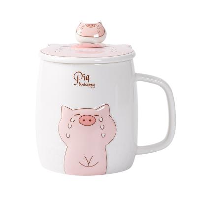 China Viable Expression Cute Pig Cartoon Coffee Mug Net Red Creative Red Water Mug With Lid And Spoon Couple Customized Mug Set for sale