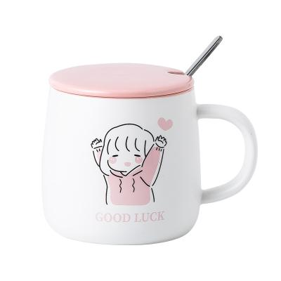 China Cute Ceramic Mug Cup Bestselling Cute Cartoon Ceramic Mug With Lid And Spoon Couple Water Cup Set Customizable for sale