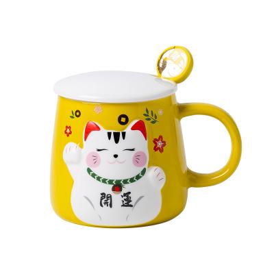 China Viable Japanese Embossed Creative Cute Cat Ceramic Mug Coffee Mug Gift Water Cup Cartoon Mug Netflix With Lid Spoon for sale