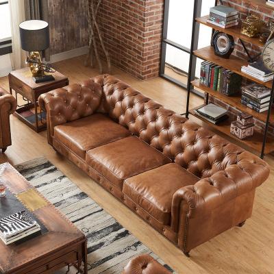 China Other Deep Buttoned Classic Brown Chesterfield Vintage Leather Sofa For 3 Seats for sale