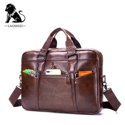 China LAOHSIZI High Quality Design Business Laptop Computer Handbag Waterproof Men Bag Soft Sided Leather Briefcase for sale