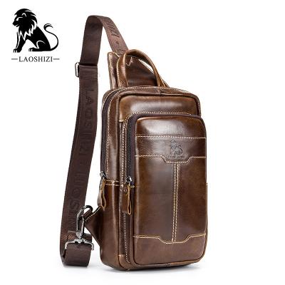 China Custom Made Leather Bag Retro Travel Leather Messenger Bag Motion Detection LAOSHIZI Men's Handbag Chest Bag for sale