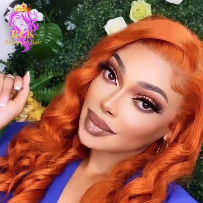 China 350 Ginger Color Body Wave 13X4 Full Lace Wig BLKHAIR# 350# Body Wave Front Wig Pre-Plucked Small Knot With 30inch Density Ginger Body Wave Human Hair Lace Front Wig 220% baby hair for sale