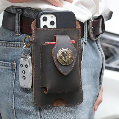 China 2022 Newest Newest Crazy Horse Shockproof Cowhide Mobile Cell Phone Belt Holster Men's Multifunctional Genuine Leather Phone Waist Bag for sale