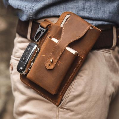 China Retro Crazy Horse Phone Belt Holster Waist Bag Men Phone Waist Bag Shockproof Genuine Leather Multifunctional Multifunctional Leather Bag With Key Chain for sale