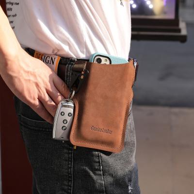 China Crazy Horse Outdoor Sports Men Mobile Phone Waist Bag Belt Pouch Purse Buckle Shockproof Genuine Leather Mobile Phone Holster with Key Chain for sale