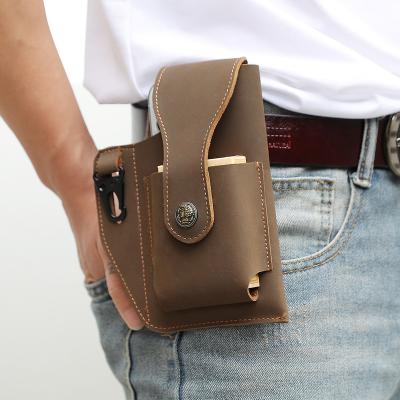 China Outdoor Sport Horse Leather Multi-function Shockproof Genuine Genuine Leather Mobile Phone Bag Belt Holster Waist Bag Crazy Bag for sale