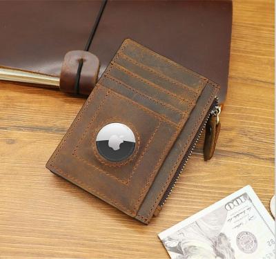 China Small Airtag Crazy Horse Wallet Shockproof Women Genuine Leather With Zipper Package RFID Blocking Credit Card Holder Airtag Wallet Men for sale