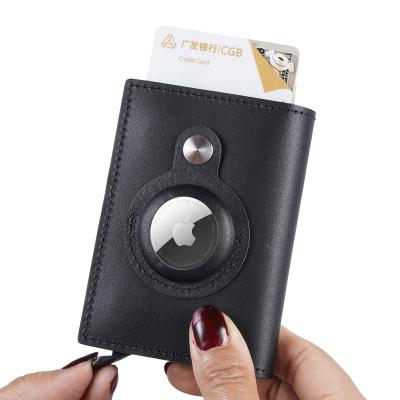 China Magnetic Airtag GPS Noise Card Holder Aluminum Genuine Cowhide Leather RFID Blocking Money Clip Women Wallet Men Airtag Holder for sale