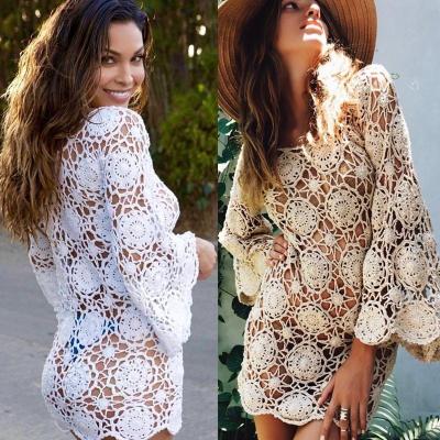 China Boho Breathable Bikini Cover Up Robe Bell Sleeve Crochet Tunic Sexy Hippie Gypsy Lotus Dress for sale