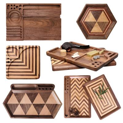 China Black Walnut Wood Serving Tray Rolling Storage Stash Box With Lock High Grade Quality Wooden Serving Trays Decorative Displayplate Box for sale