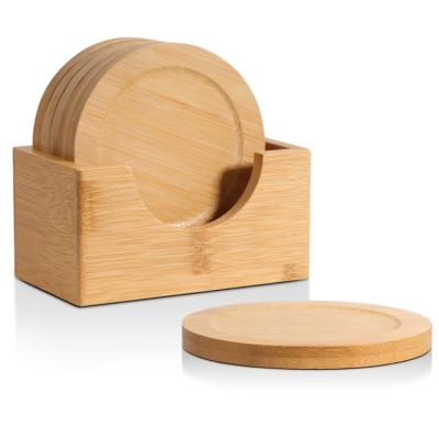 China Morden Sustainable Natural Sturdy Multi Functional Desk Display Bamboo Wood Coasters With Holder For Drinks for sale