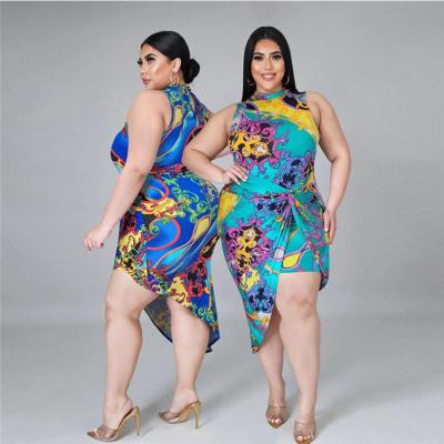 China Sleeveless Breathable Women Mid Size Plus Size Floral Printing Elegant Dress For Woman for sale