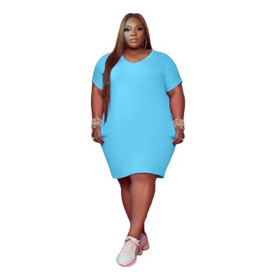 China Breathable Women's Big Wear Plus Size 5XL 4XL O Neck Solid Color Shorts Sleeve Women Dress for sale