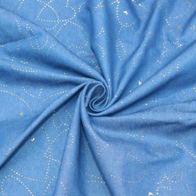 China Breathable New Arrival Polyester Rayon Gold Foil 160gsm Woven Unwashed Denim Fabrics For Shirts for sale