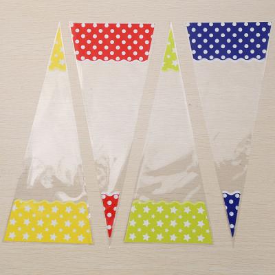 China Disposable Candy Popcorn Sleeve Pastry Cake Decorating Bag Printed OPP Cellophane Package Cone Shaped Plastic Engraving Printing Shrink Bag for sale