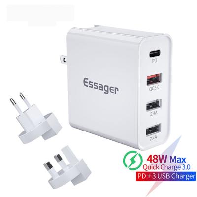 China Essager 2021 Earl de alta calidad Essager 48W PD Cargador 4 puertos Cargador de pared QC3.0 Cargador de pared UK US Adaptador en venta