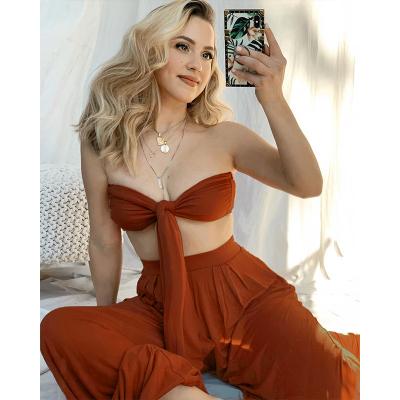 China 2022 QUICK DRY Women Summer Clean Main Strapless Solid Front Knot Tube Crop 2 Piece High Waist Wide Leg Long Pants Sets for sale