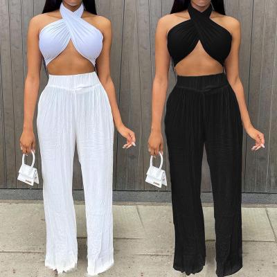 China 2022 QUICK DRY women summer dress snug fit sleeveless short 2 piece halter crop tank tops pants and wide leg pants set for sale