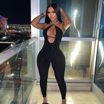 China 2022 Summer Women Gym Black Halter Rompers Sleeveless Crossover One Piece Sexy Bodycon Overalls With Long Pants for sale