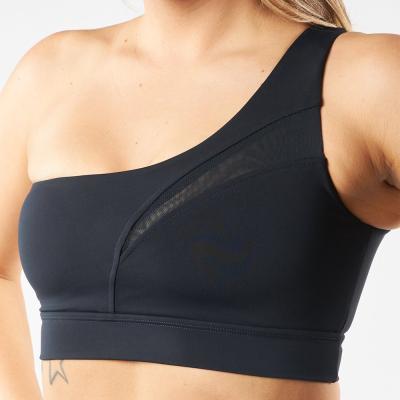 China Poly Spandex Women Backless Breathable Custom Bra Mesh Blue Black Padded Sports One Shoulder Sports Bra for sale