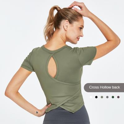 China QUICK DRY Yoga Crop Back Crisscoss Custom Top Cavity Off White Short Sleeve Sports Women Fitness Tank Top for sale