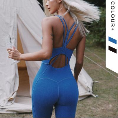 China Custom Logo Quick Dry Black Blue Anti-UV Fitness Yoga Wear Overalls Hollow Out Backless Sports Romper Women for sale