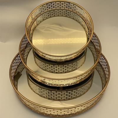 China Sustainable Luxury Modern Gold and Silver Metal Round Mirror Glass Serving Tray Food Fruit Accessories Tableware Display for sale