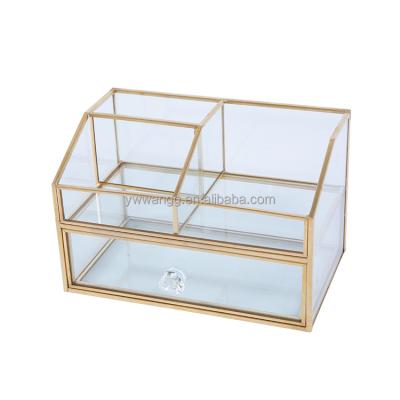 China Product Viable Hot Selling Exquisite Copper Cosmetics Storage Box Metal Glass Used For Desktop for sale