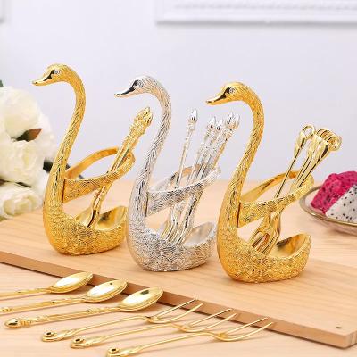 China Top Selling Viable Gold Tiny Fruit Fork Tea Spoon 6 Pieces With Gold Metal Swan Holder Gift Set for sale