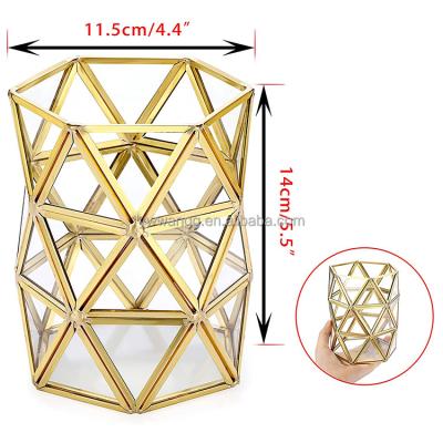 China New Product Handmade Hexagon Copper Gold Clear Glass Make Up Brush Storage Box Pencil Holder For Household Dresser Office Desk for sale