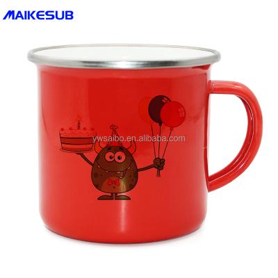 China Custom Steel Cartoon Enamel Camping Mug Sublimated Blank Metal Logo Printed Enamel Mug for sale