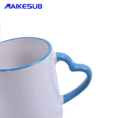 China Maikesub viable mugs 11oz rim consumable color with heart handle color sublimation mug for coffee for sale