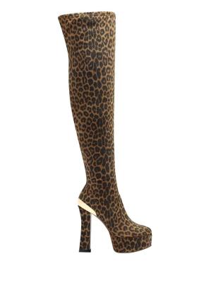 China Des Leopard-Gewebe-hohen Absatzes Knie-Hochbahnsteig-Stilett-Stiefel des Halbstiefel-Stilett-110mm zu verkaufen