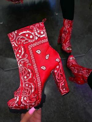 China Classic ethnic print 4inch Ladies High Heeled Boots Size11 open toe hip ankle for sale