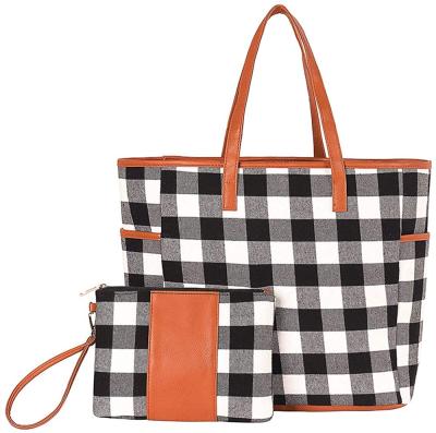 China Fashion Buffalo Plaid Check Tote and Wristband Set Personalized Check Tote Bag Handbag For Woman for sale