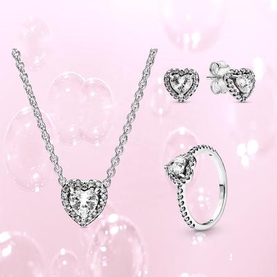 China Factory Wholesale Shiny Ring Sterling Silver Heart Jewelry Set FASHIONABLE Heart Earrings Necklace Charm Love Ring for sale