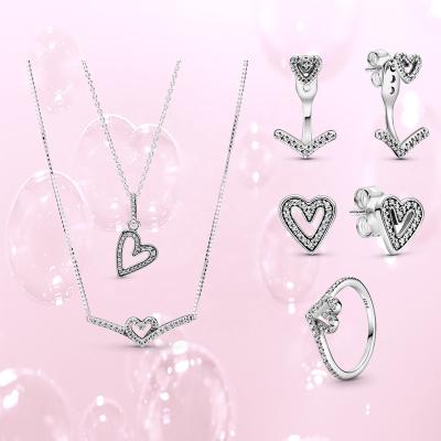 China FASHIONABLE Factory High Quality Silver Jewelry Set Shiny Heart Ring Wishbone Earrings Charm Wishbone Clavicle Chain for sale