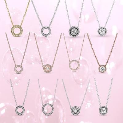 China Factory Wholesale Sweet Sterling Silver Jewelry Shining Geometric Love Double Ring Pendant Charm Necklace Logo Pave Clavicle Chain for sale